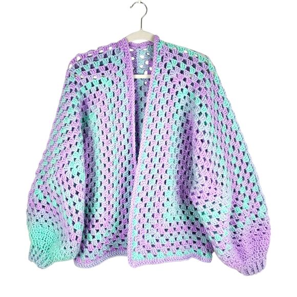 Hexagon Cardigan Handmade Crochet Open Front Sweater Premium Acrylic OS - Picture 2 of 16